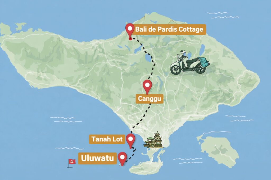 Carte illustrée du trajet de Bali en scooter. Trajet entre Uluwatu, Canggu, le temple de Tanah Lot et Bali de Pardis Cottage dans le nord de l’île.